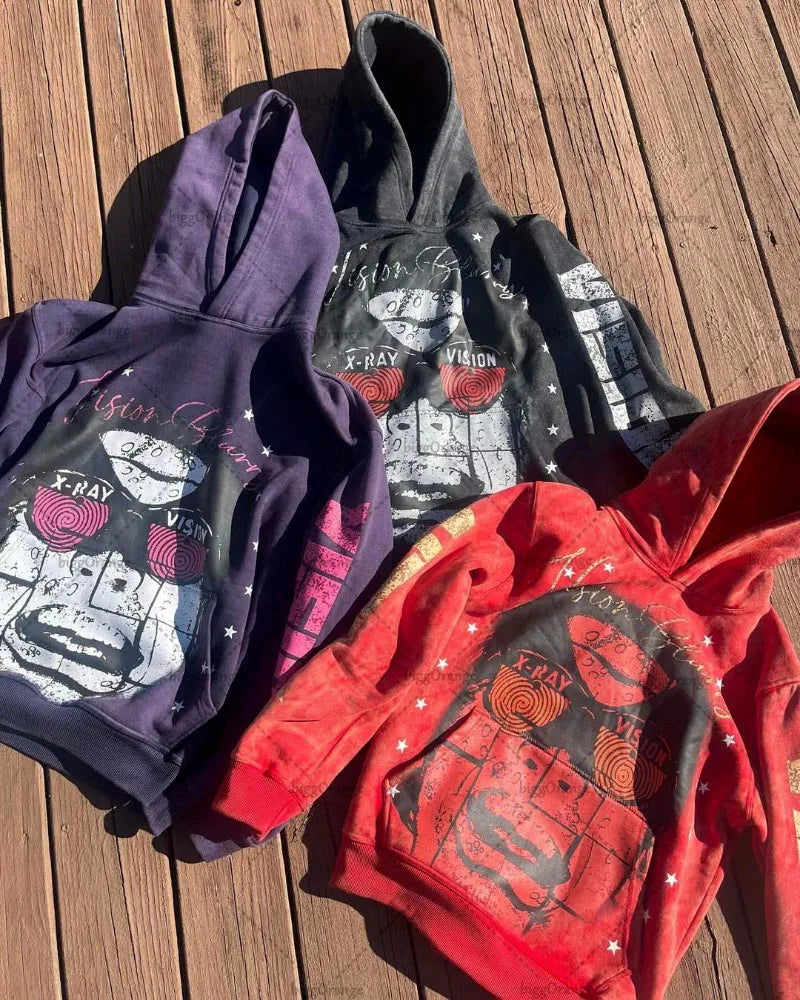 American Gothic Punk Cartoon Letter Print Oversized Hoodie Men's Fashion Loose Harajuku Style Pullover Sweatshirt Women's Street King Limited