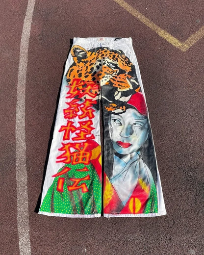 american high waisted washed wide leg pants fashion anime print oversized denim trousers women y2k loose floor length pants unique jeans style 3030