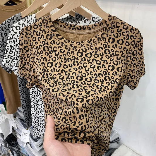 Classic Khaki Leopard Vintage Mini T Shirts Crop Tops Slim Sexy Office Ladies Basic Summer Large 2XL 2022 Korean Brand Fashion Street King Limited