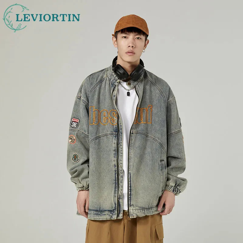 high street vintage washed denim jacket men american style embroidery label stand collar ruffian handsome motorcycle jeans coats ripped baggy denim