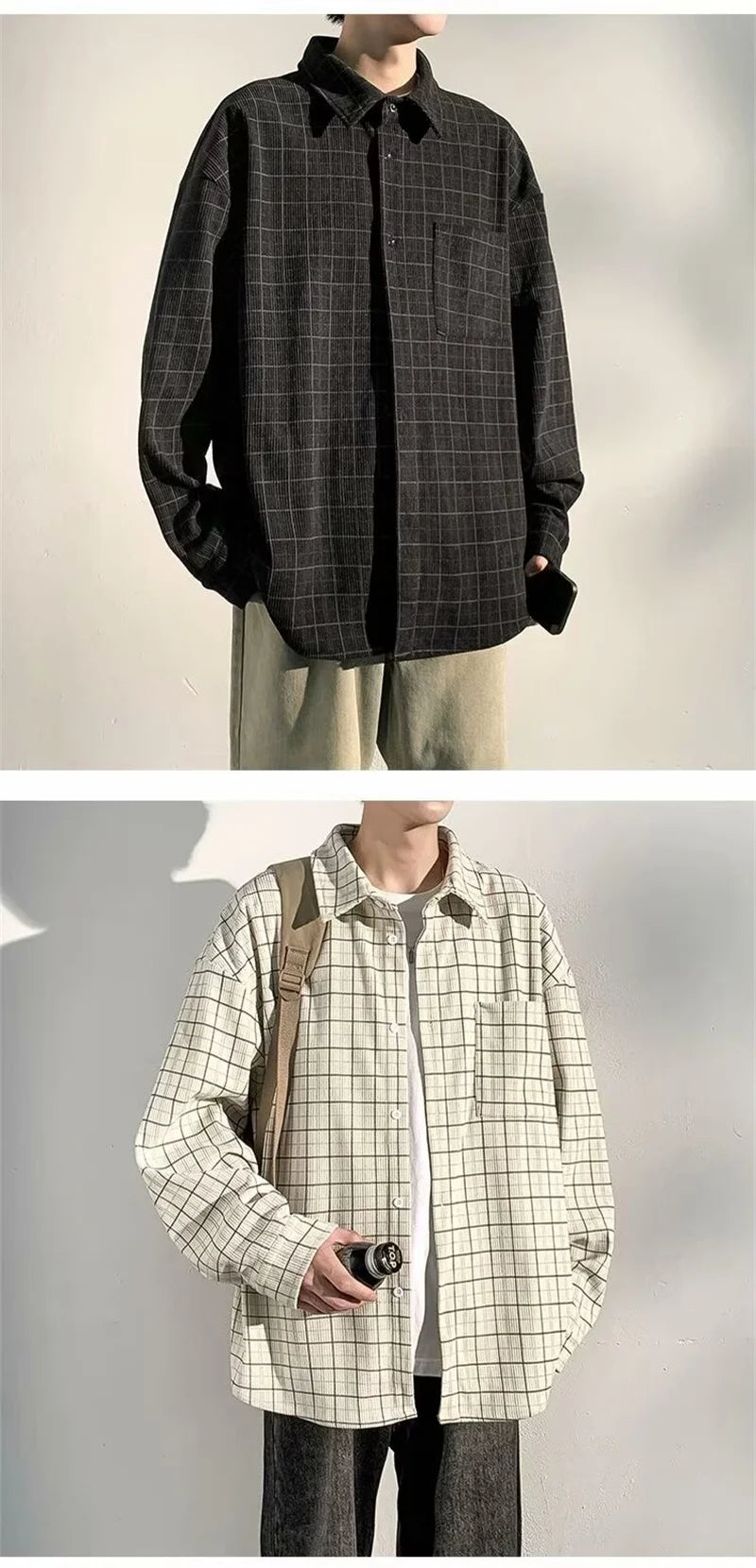 Streetwear Autumn Long Sleeve Corduroy Plaid Shirt Mens High Street Retro Casual Autumn Long Sleeve Corduroy Plaid Shirt Mens High Street Retro Casual Social Blouses Korean Fashion Loose Y2K Tee Shirts Fashion Sweater Jacket With Graphic Design For Men