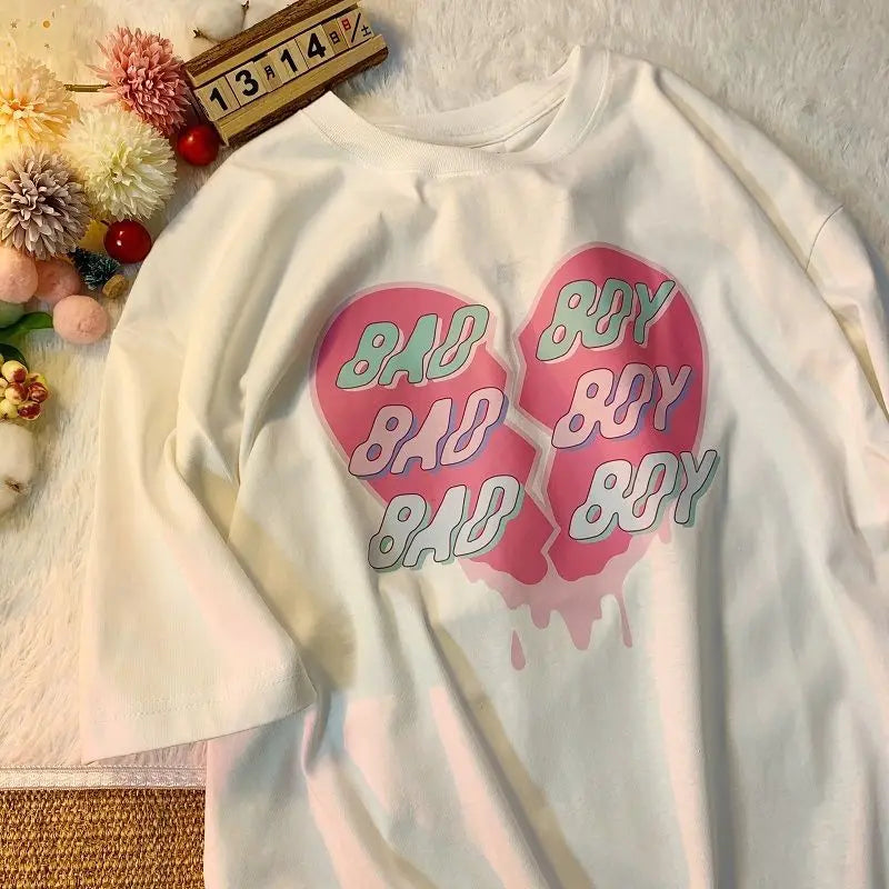 Pure cotton love printed short-sleeved T-shirt for men and women, trendy brand loose ins internet celebrity design men clothing Street King Limited