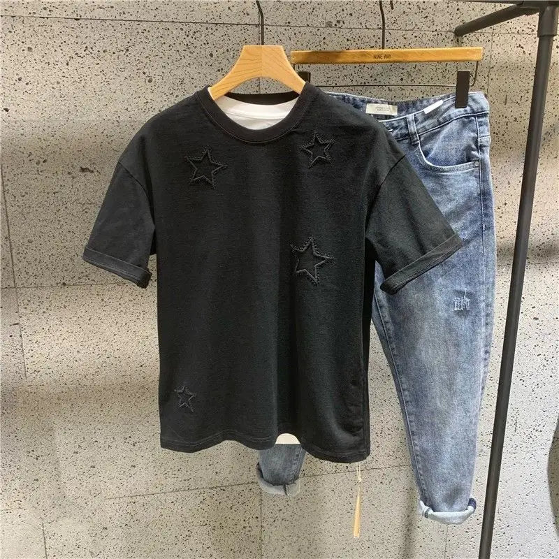 2024 American style men and women summer pentagram round neck short sleeved trendy couple loose retro casual T-shirt top y2k Street King Limited