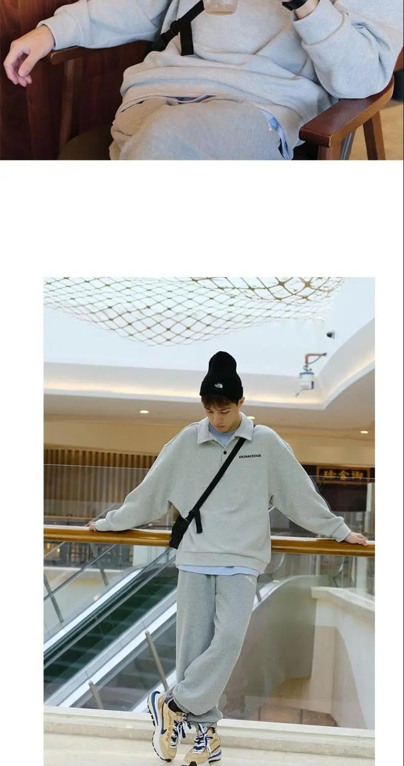 Spring new trendy brand ins loose casual polo lapel sweatshirt men's waffle top long-sleeved T-shirt women clothing y2k tops emo Street King Limited