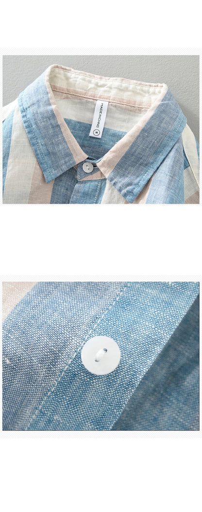 Linen Vertical Striped Long-Sleeved Shirt Men's Summer Thin Breathable Three-Quarter Sleeve Cotton And Linen Artistic Shirt Street King Limited