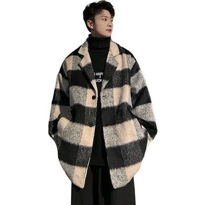 plaid woolen trenchcoat men autumn winter fashion retro streetwear suit collar loose casual trendy trench coat outerwear clean everyday pants