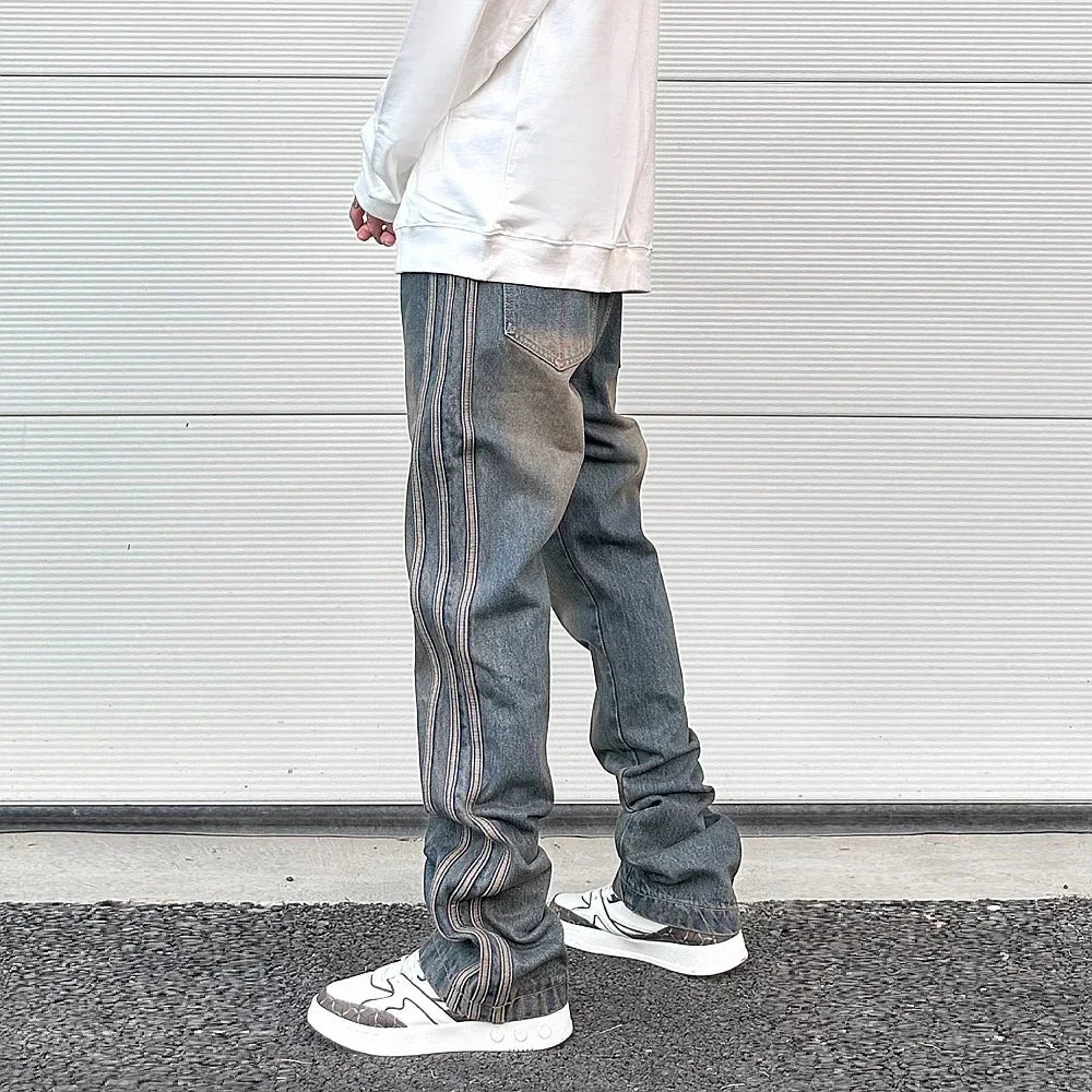 high street vibe washed striped flared jeans dark blue distressed jean casual side stripes slim micro flared jeans pants male urban skinny jeans