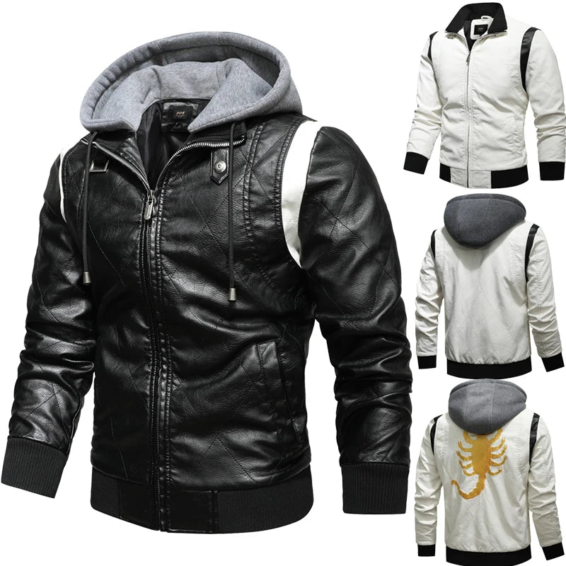 Autumn Winter Bomber Leather Jacket Men Scorpion Embroidery Hooded Jacket PU Leather Motorcycle Mens Ryan Gosling Drive Jacket Street King Limited