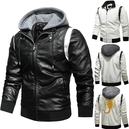 Autumn Winter Bomber Leather Jacket Men Scorpion Embroidery Hooded Jacket PU Leather Motorcycle Mens Ryan Gosling Drive Jacket Street King Limited