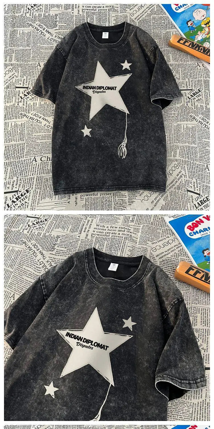 Five-pointed star American washed distressed short-sleeved T-shirt for men in summer loose heavyweight T-shirt trendy y2k tops Street King Limited