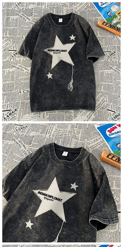 Five-pointed star American washed distressed short-sleeved T-shirt for men in summer loose heavyweight T-shirt trendy y2k tops Street King Limited