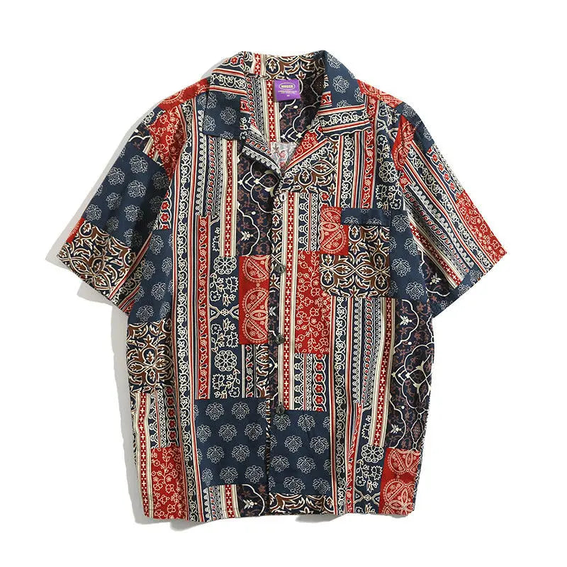 Korean Hawaiian Cuban collar retro printed shirt men American handsome simple casual versatile loose beach short-sleeved shirt Street King Limited