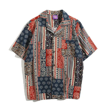Korean Hawaiian Cuban collar retro printed shirt men American handsome simple casual versatile loose beach short-sleeved shirt Street King Limited
