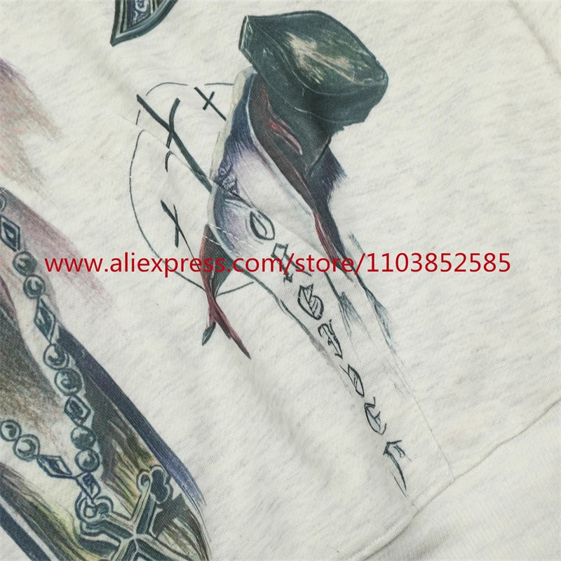 2024s Vintage Hoodie Sweatshirt Autumn/Winter High Street High Quality Cartoon Cross White Pigeon Print Oversize Tops Casual Street King Limited