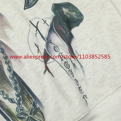 2024s Vintage Hoodie Sweatshirt Autumn/Winter High Street High Quality Cartoon Cross White Pigeon Print Oversize Tops Casual Street King Limited