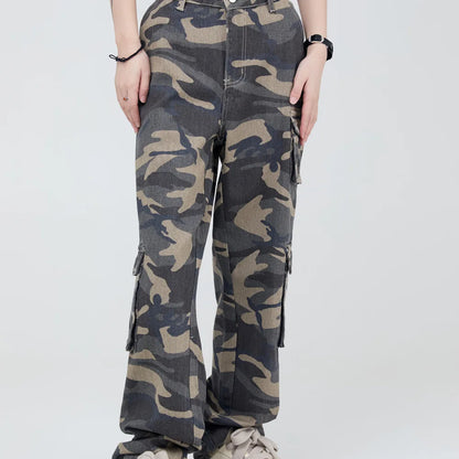 vintage pockets camouflage denim pants men jeans hip hop streetwear military cargo pants combat utility trousers