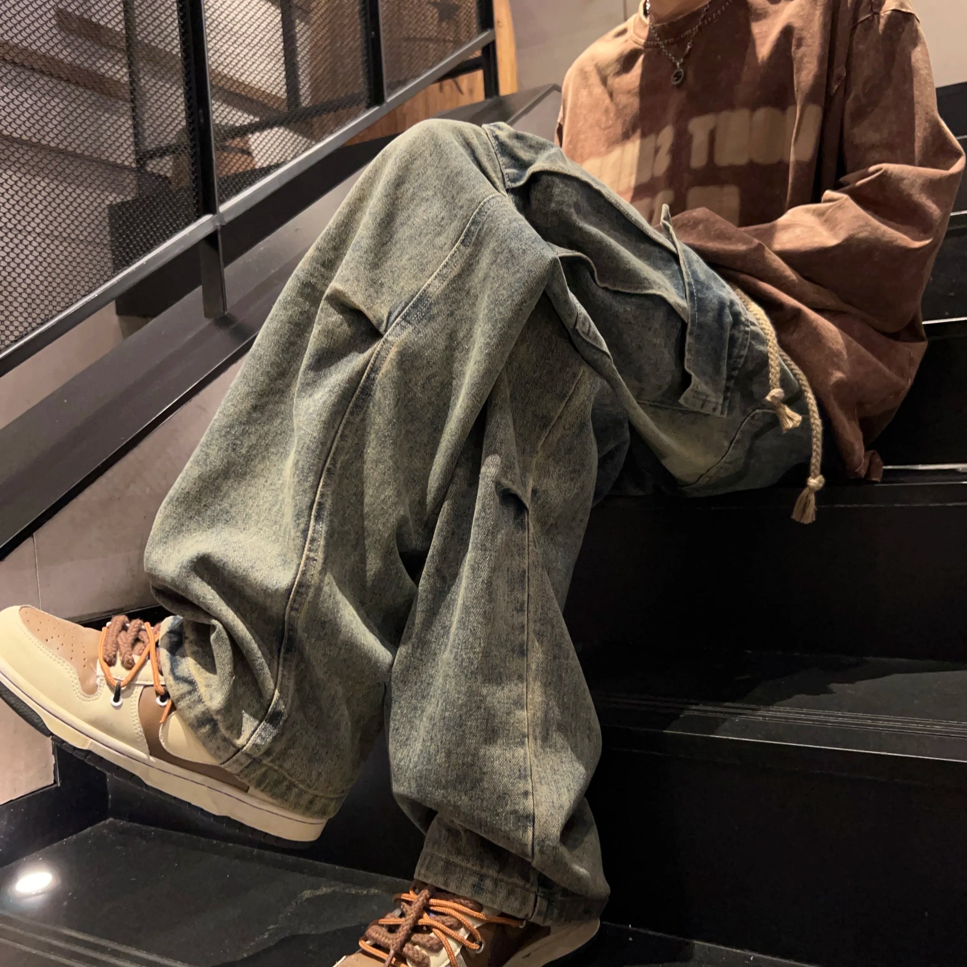 Washed Distressed Cargo Pants High Street Style Men's Jeans Side Pockets Denim Wide-leg Trousers Casual Loose Trousers Street King Limited