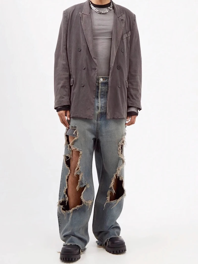 street wear retro hip hop distressed straight leg jeans vintage y2k tassel biker ripped denim pants mens washed destroyed jean unique jeans style 4394