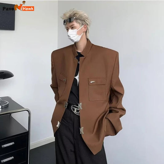 y2k harajuku suit jacket mens butterfly metal buckle standing collar short coats multi pocket shoulder padded fashion outwear summer street shorts