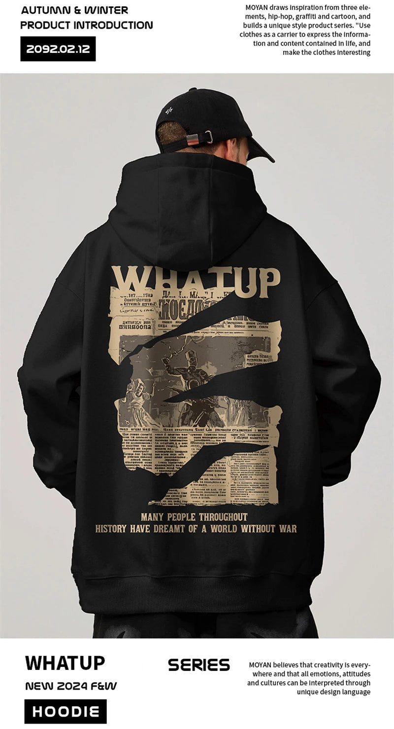 New Gothic Newspaper Graphic Print Hooded Sweatshirt For Men Fleece Hip Hop Fashion Pullover Hoodies Autumn Y2K Streetwear Hoody Street King Limited