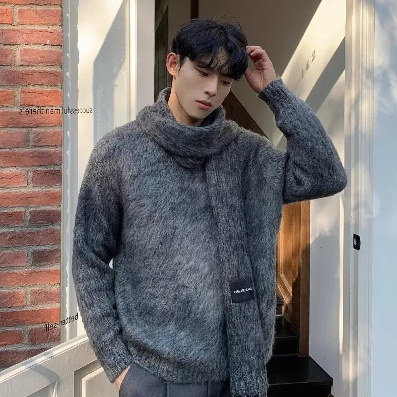 Autumn Warm Sweater Mens Korean Street Simplicity Round Neck Pullover+Solid Color Scarf Two-piece Set Casual Knitted Tops Trend Street King Limited