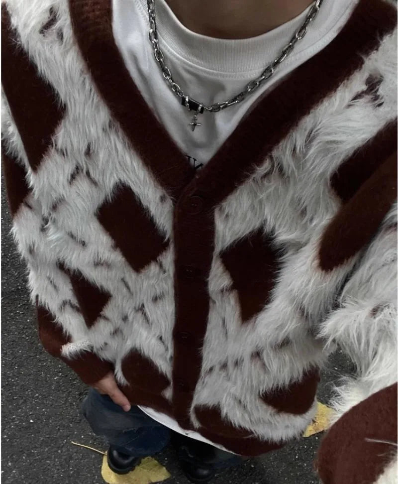 2024 New College Casual Mens Cardigan Autumn Diamond Grid Color Block Street Unisex Knitted Jacket Loose V-neck Sweater Coats Street King Limited