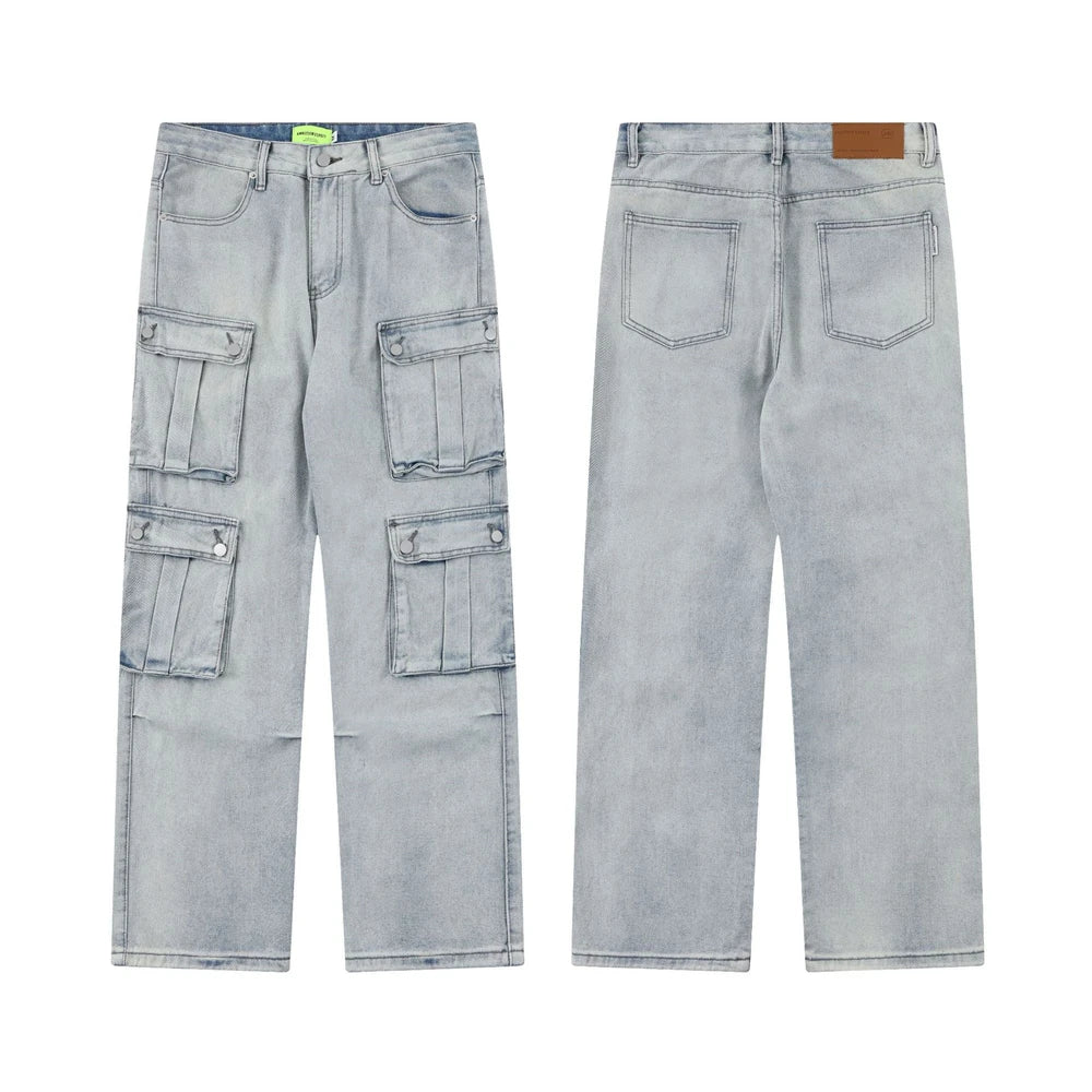 2024 multi pocket jeans vintage mens harajuku cargo denim pants retro hip hop straight loose jean pants unique cargo style 1009