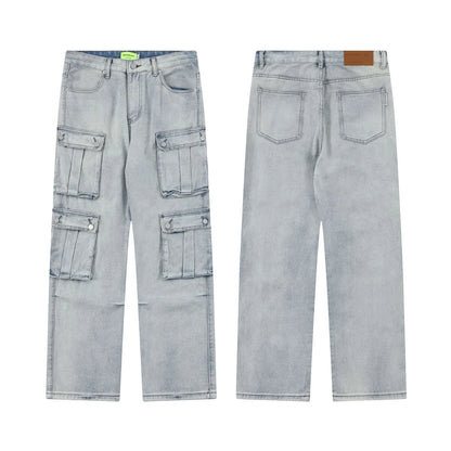 2024 multi pocket jeans vintage mens harajuku cargo denim pants retro hip hop straight loose jean pants unique cargo style 1009