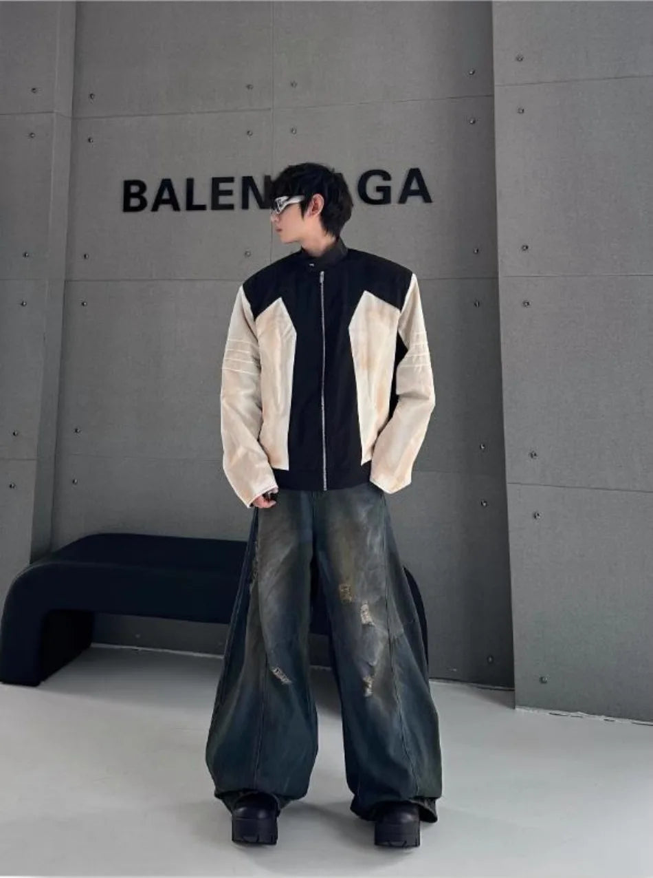 street american color block mens jacket 2024 new autumn zipper patchwork shoulder pads racing coats motorcycle windbreaker unique default style 3226
