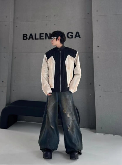 street american color block mens jacket 2024 new autumn zipper patchwork shoulder pads racing coats motorcycle windbreaker unique default style 3226