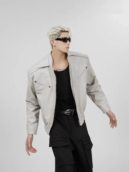 short pu leather jacket men shoulder pad stand collar trend bomber outwear 2023 korean streetwear zipper unisex motorcycle coat unique shorts style 2329