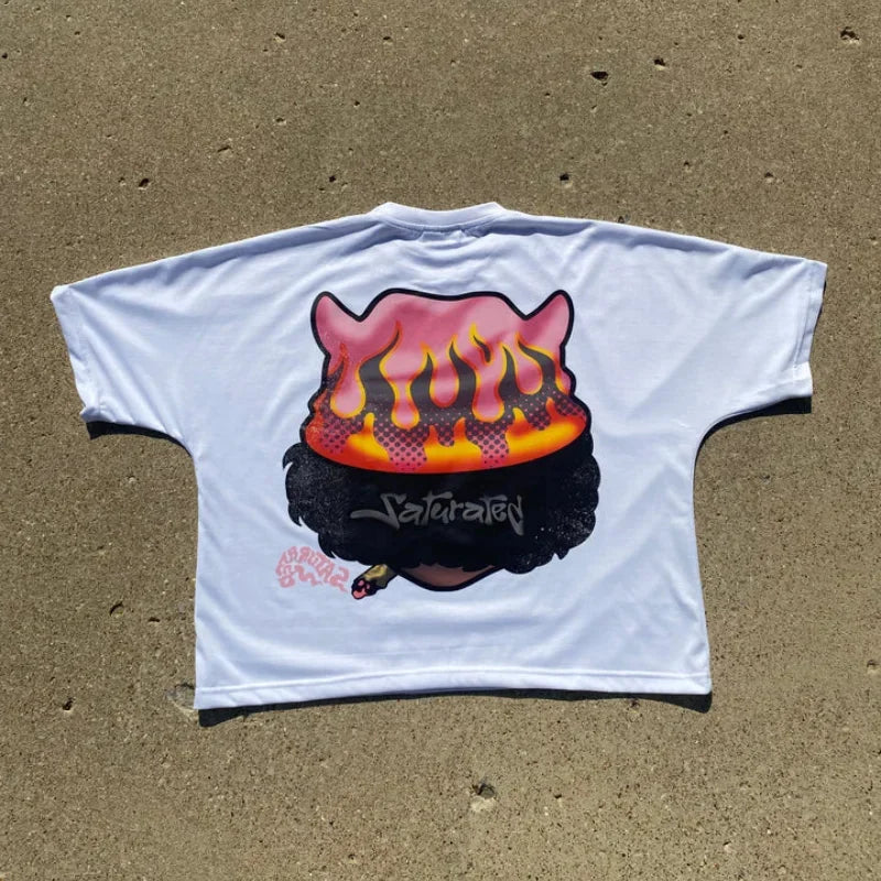 American Trendy Gothic Anime cartoon avatar Print Oversized T-Shirt Y2K Loose Harajuku Versatile hip hop Short Sleeve Tops tees Street King Limited