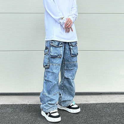 fashion loose streetwear cargo denim jeans unisex casual multi pocket wide legs jean pants hip hop joggers mens baggy jeans unique joggers style 1953
