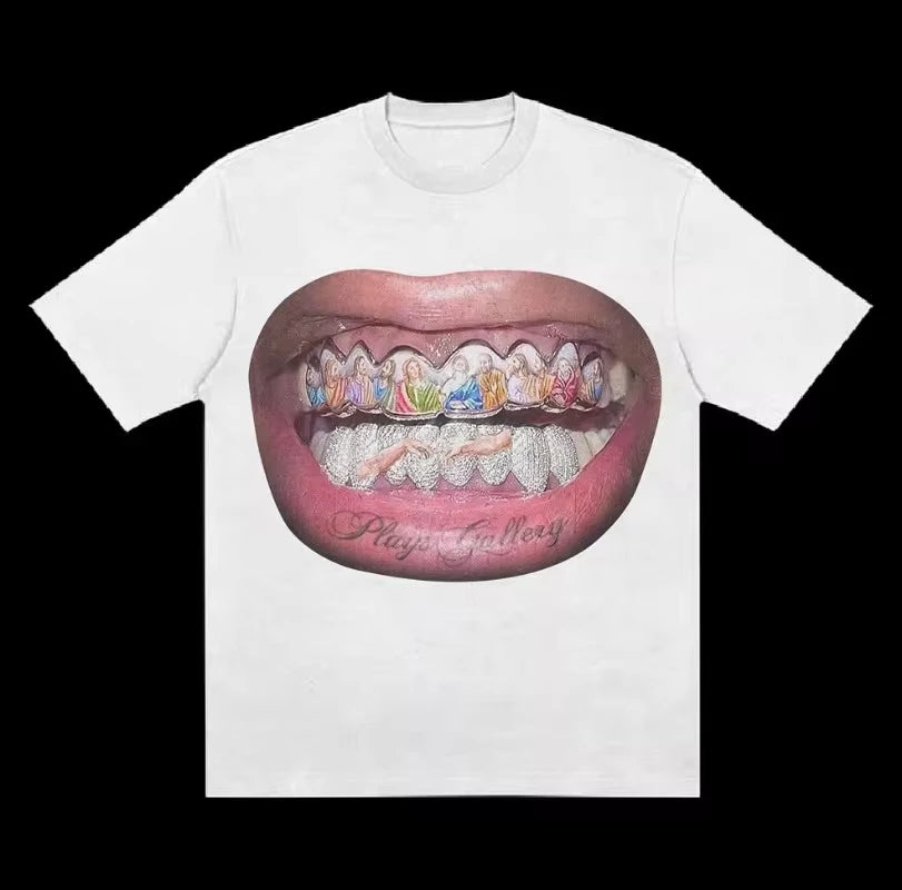 American Fashion Trend Pattern Printed Cotton Spot T-shirt Women Y2K New Street Popular Loose Short Sleeved Couple Joker T-shirt Street King Limited