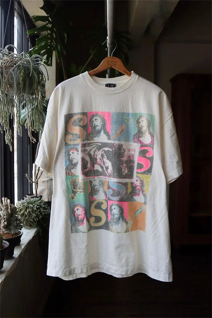 Vintage Retro Series VEGES Print High-Street Worn Streetwear Cotton Quality Casual Loose Short Sleeve Tops T-Shirt Street King Limited