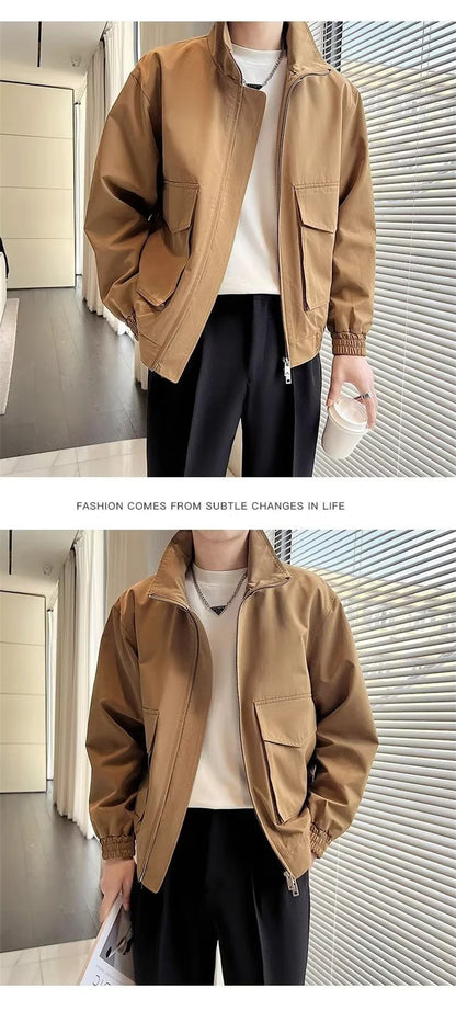 autumn solid color cargo jackets for men new korean fashion zipper cardigan coats stand collar streetwear bomber jacket hombre unique cargo style 1664