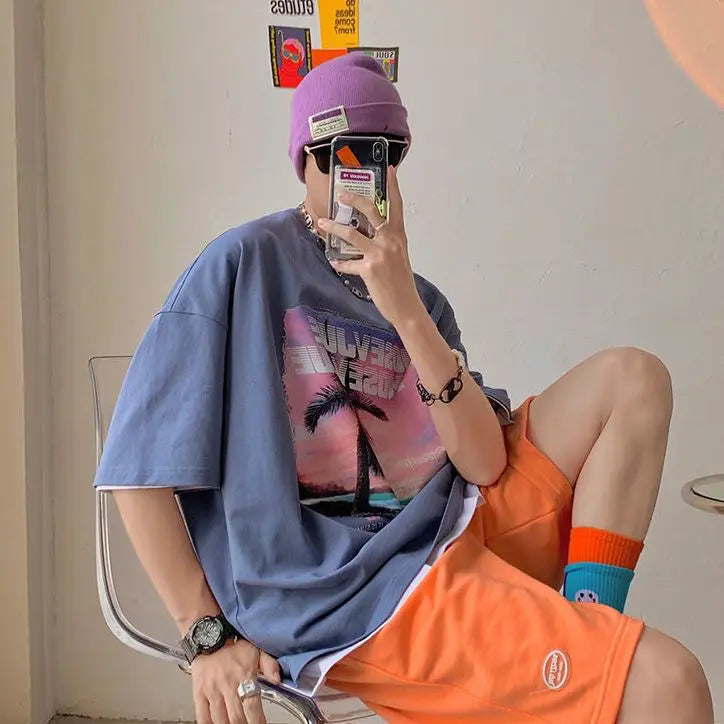 Short-sleeved men's t-shirt summer versatile Korean style loose half-sleeved student fashion brand pure cotton T-shirt y2k tops Street King Limited