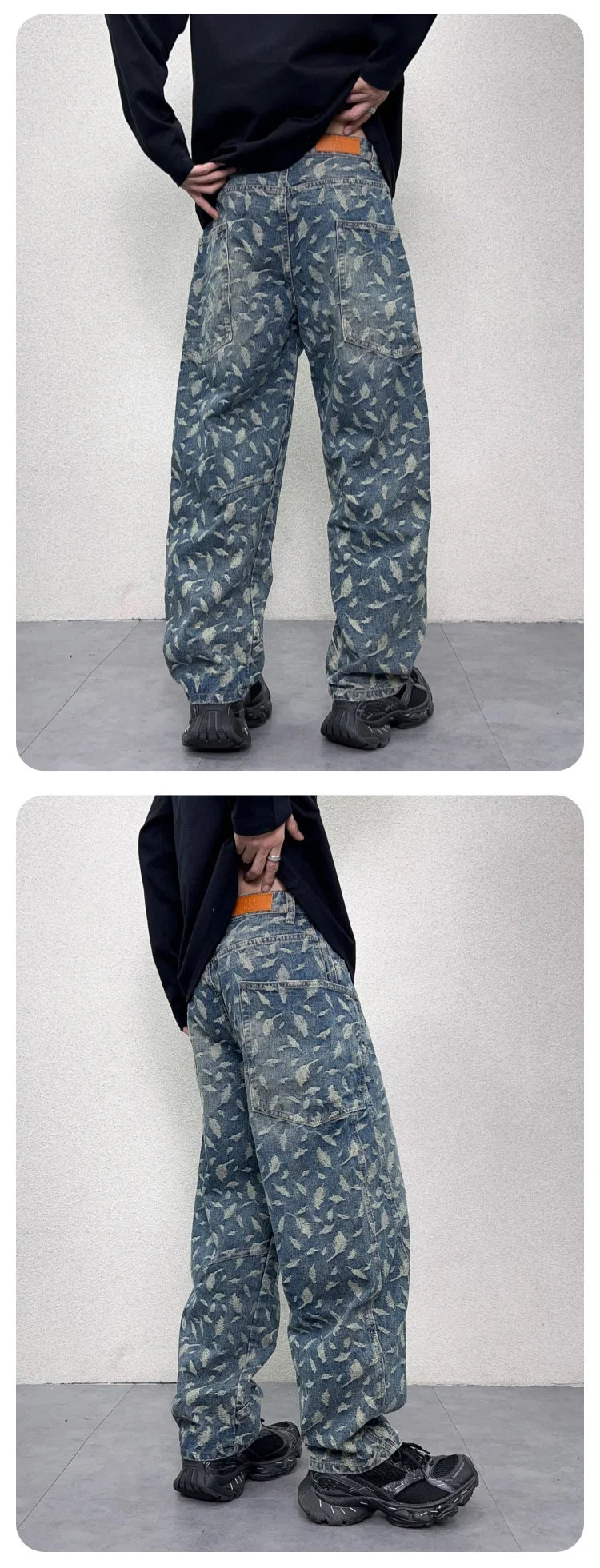 men jacquard loose casual hip hop vibe splice pocket denim baggy jeans pants man streetwear ripped jeans trousers boyfriend unique jeans style 2999
