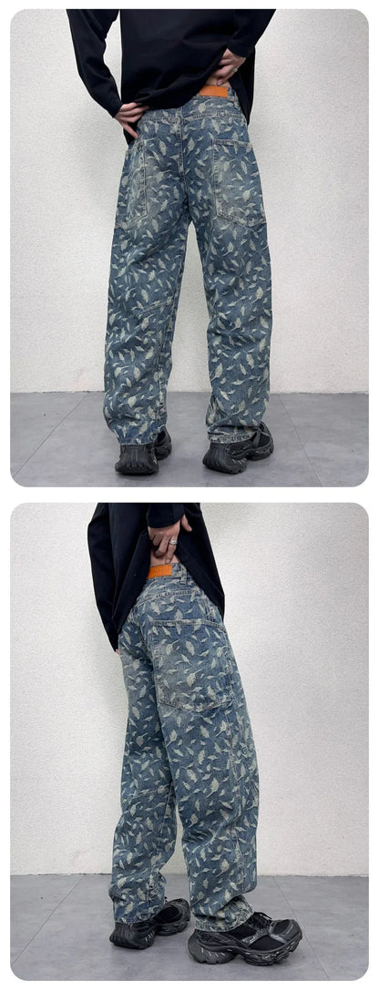 men jacquard loose casual hip hop vibe splice pocket denim baggy jeans pants man streetwear ripped jeans trousers boyfriend unique jeans style 2999