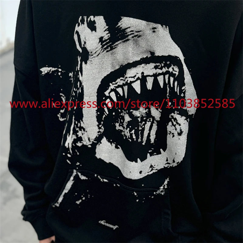 Autumn and Winter New Vintage Men's Hoodie Long Sleeve Hoodie American Heavy Weight Oversize High Street Jaws Cartoon Print Tops Street King Limited