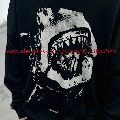Autumn and Winter New Vintage Men's Hoodie Long Sleeve Hoodie American Heavy Weight Oversize High Street Jaws Cartoon Print Tops Street King Limited