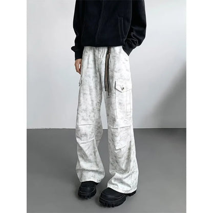 American Tie Dye Cargo Pants Mens Autumn Vintage High Street Straight Leg Trousers Casual Multi Pocket Loose Overalls Male Street King Limited