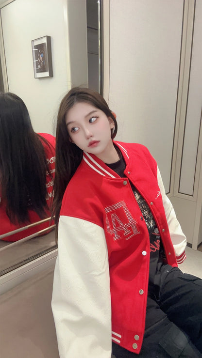2024 hotselling high street pearl red hot stamping splicing checkered leather sleeves baseball jacket coat unique default style 144