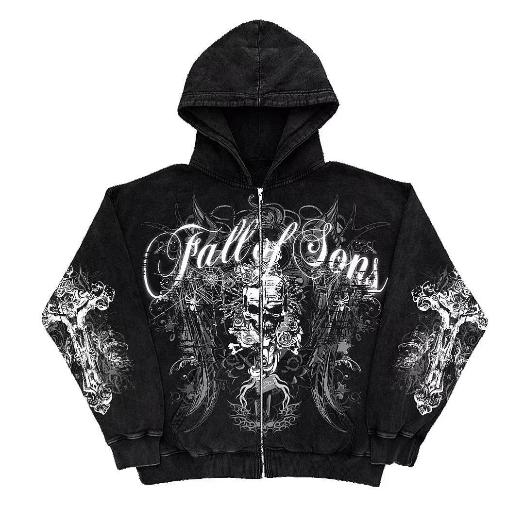 Retro Fashion Gothic Skull Bone Print Oversized Hoodie women Y2K Street Hip Hop Versatile Slim Casual Sweater Clothes Street King Limited