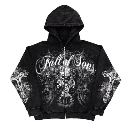 Retro Fashion Gothic Skull Bone Print Oversized Hoodie women Y2K Street Hip Hop Versatile Slim Casual Sweater Clothes Street King Limited