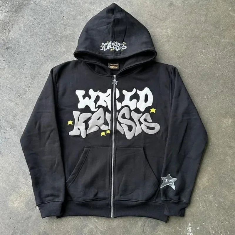 Y2k Street Retro Letter Print Loose Casual Fashion Zipper Hoodie Women Harajuku Hip-hop Versatile Oversized Sweatshirt Men Street King Limited