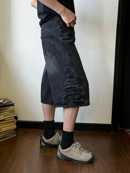 mens hip hop washed denim shorts broken hole folds burr edge street punk cowboy middle pants pockets bomber quarter pants y2k unique jeans style 4373