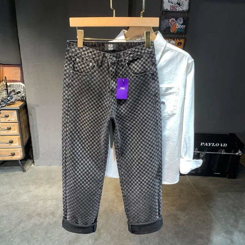 men streetwear fashion hip hop loose casual print black plaid denim pant jeans man vibe straight cowboy baggy jeans trousers vintage washed jeans