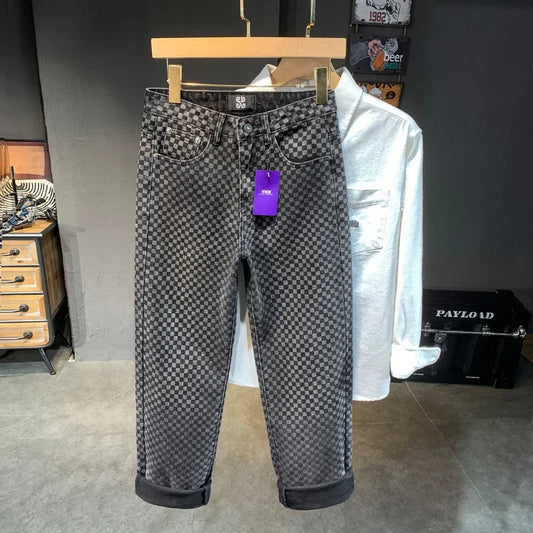 men streetwear fashion hip hop loose casual print black plaid denim pant jeans man vibe straight cowboy baggy jeans trousers vintage washed jeans