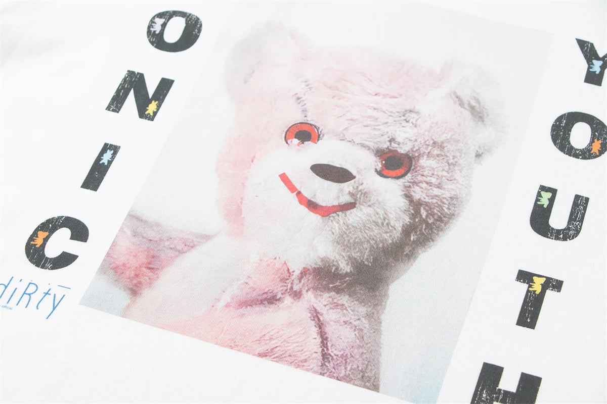Vintage Summer Pink Rock bear Cartoon Distressed Cotton Casual T-Shirt Tops Street King Limited